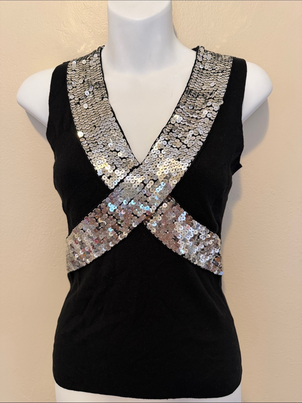 Black Sequin-Accented Sleeveless Tank Top